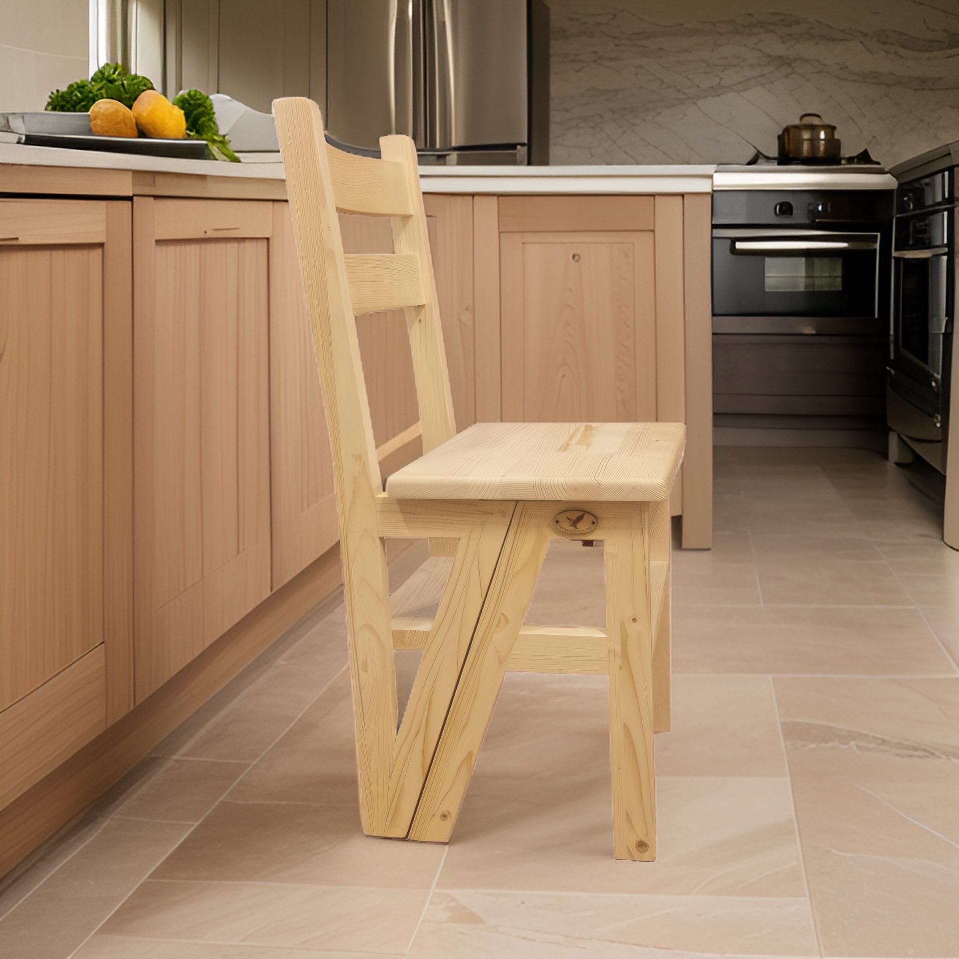 Scaun si Scara 2 in 1, Duplex, din Lemn Masiv, Step Up, Transilvan, 90x42 cm, Natur