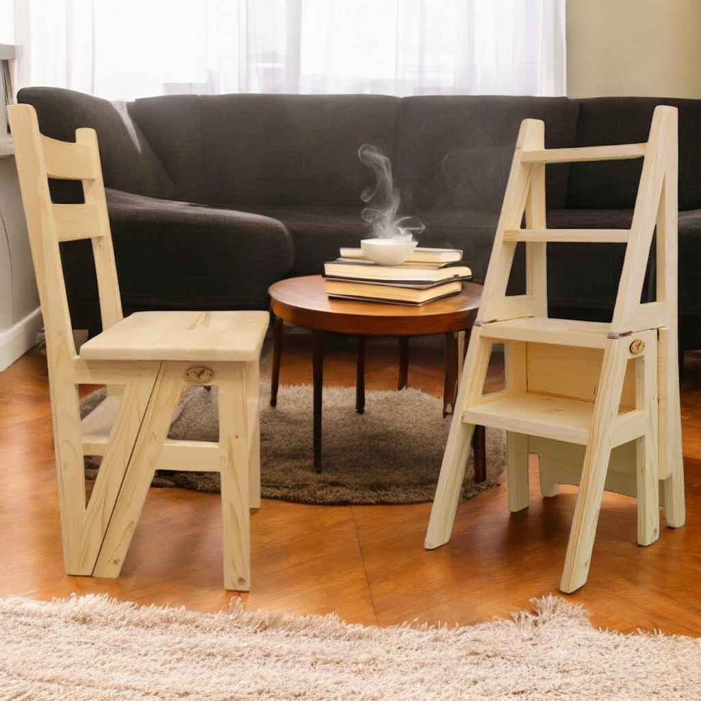 Scaun si Scara 2 in 1, Duplex, din Lemn Masiv, Step Up, Transilvan, 90x42 cm, Natur