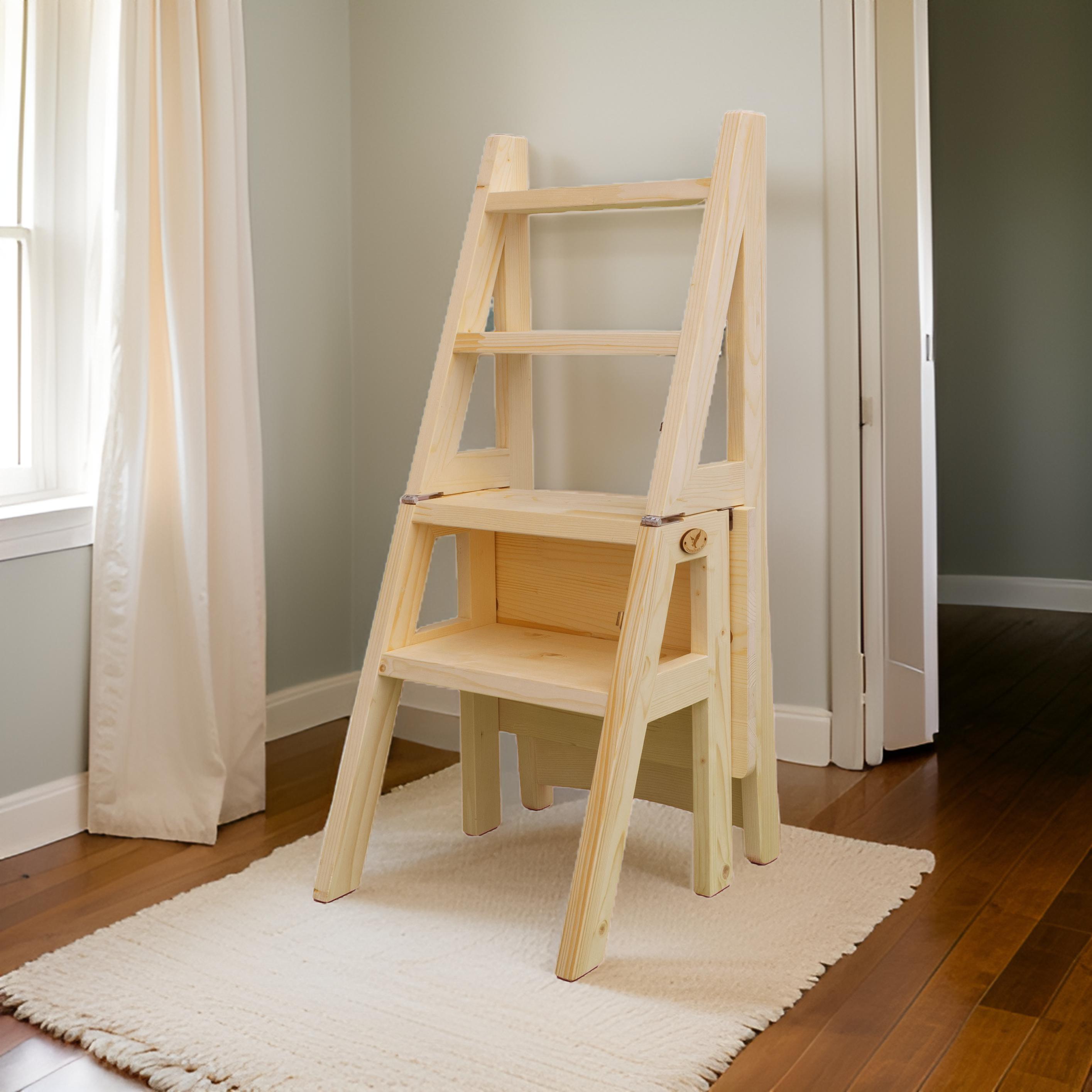 Scaun si Scara 2 in 1, Duplex, din Lemn Masiv, Step Up, Transilvan, 90x42 cm, Natur