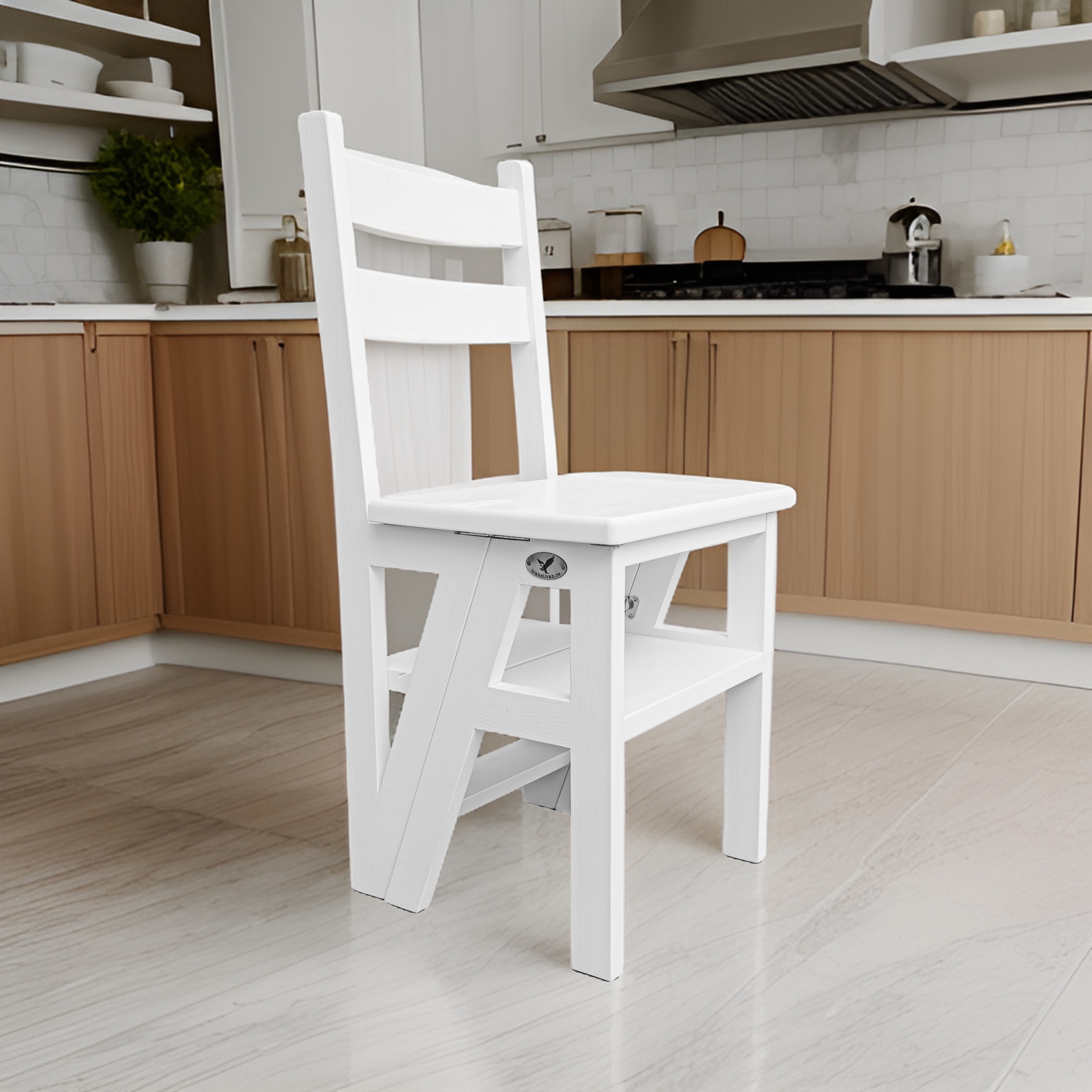 Scaun si Scara, 2 in 1, Duplex, Lemn Masiv, Step Up, Transilvan, 90x42 cm, Alb