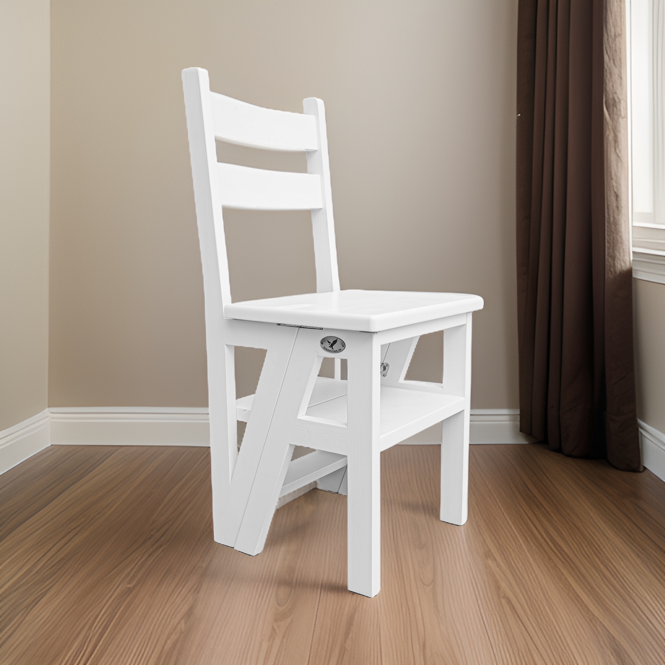 Scaun si Scara, 2 in 1, Duplex, Lemn Masiv, Step Up, Transilvan, 90x42 cm, Alb